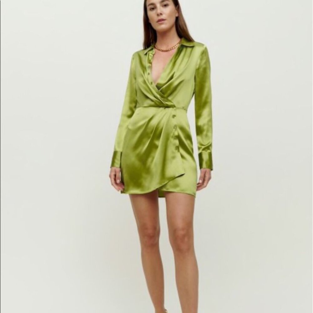 NWT Reformation Silk Avocado Green Long Sleeve Short Mini Dress Alaine 8